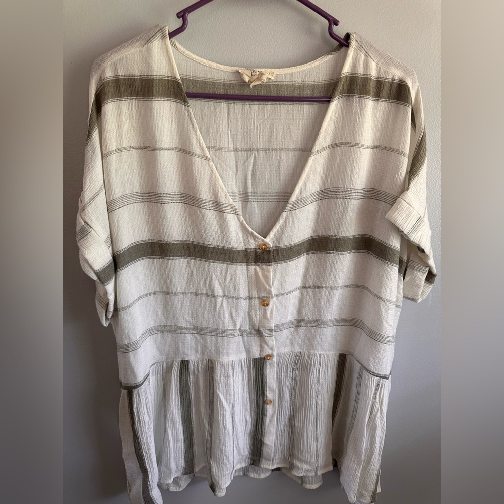 Relaxed Cream Blouse with Olive Stripe Button Front